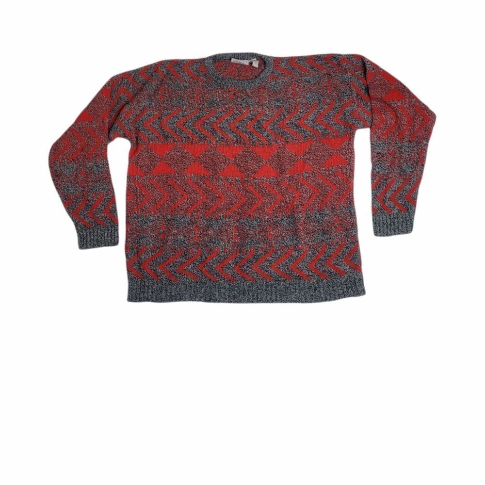 VINTAGE 90s oversized sweater red printed grandpa unisex M - Picture 2 of 6